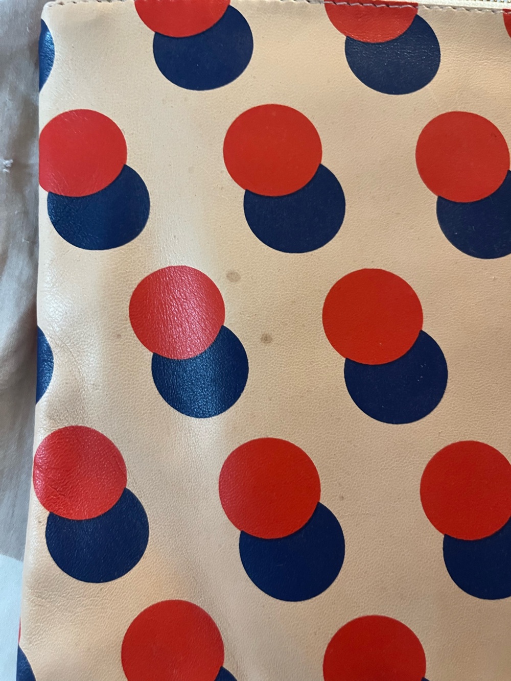 Clare V Beige Leather Pouch with Red and Navy Dot Print - Picture 2 of 5